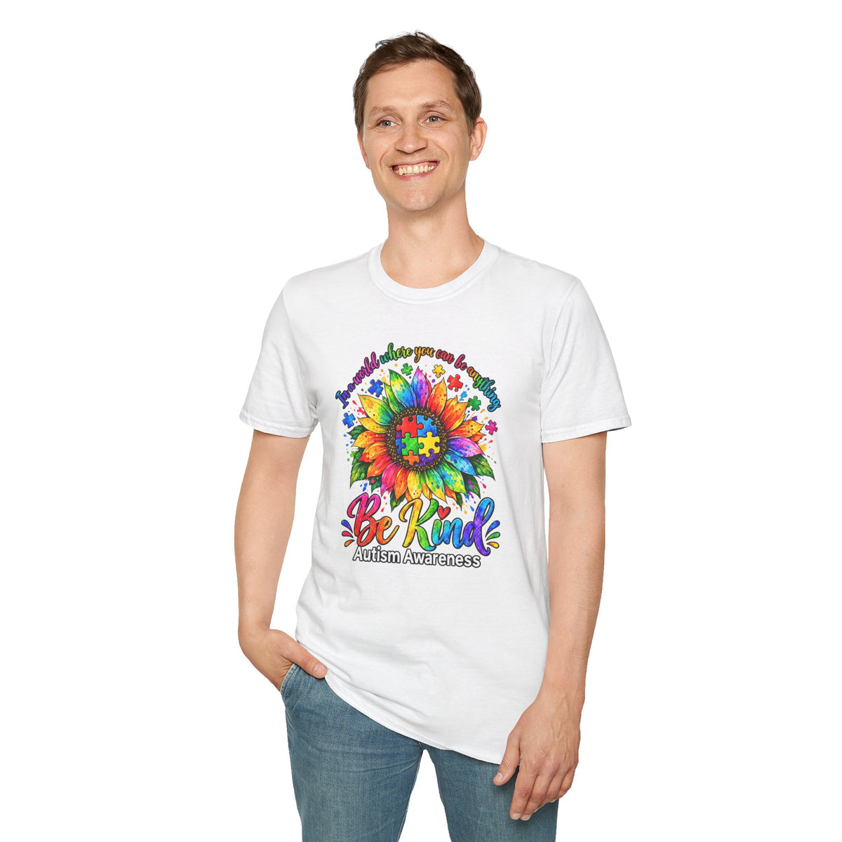 Autism Awareness Sunflower T-Shirt — 'Be Kind' Rainbow Puzzle Design