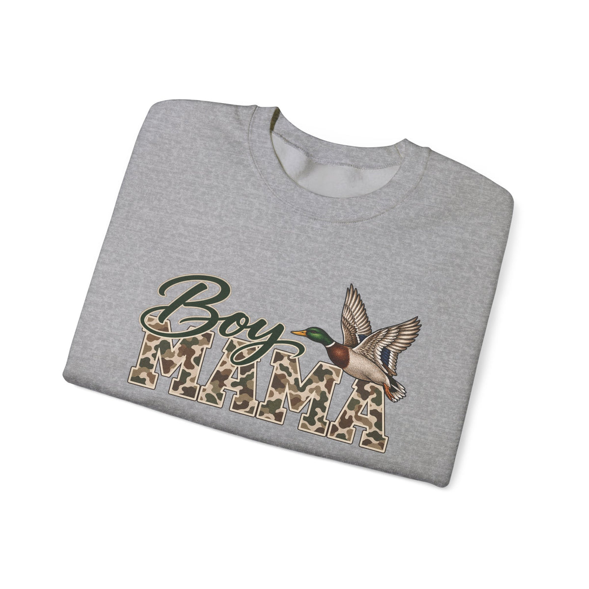 Boy Mama Crewneck Sweatshirt — Camo Lettering with Flying Duck