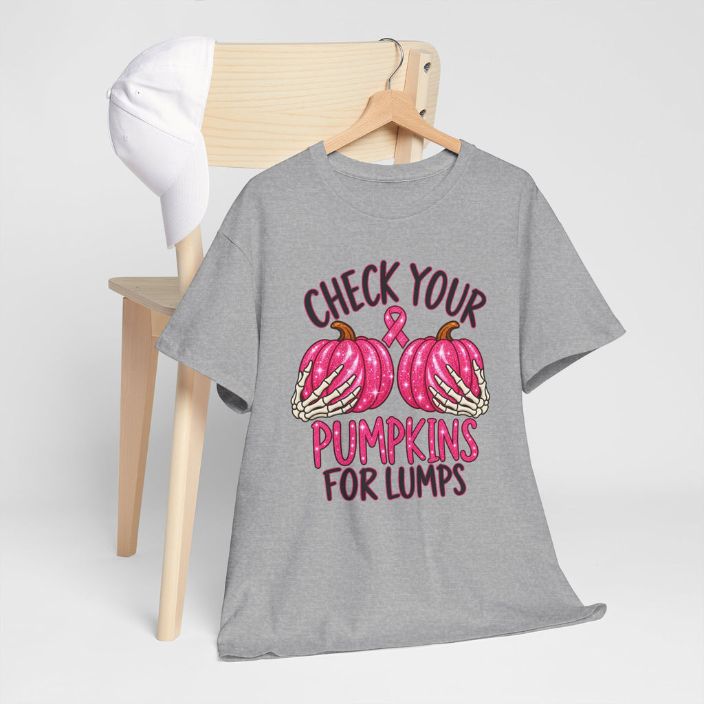 Breast Cancer Awareness T-Shirt — "Check Your Pumpkins for Lumps" Pink Ribbon Tee