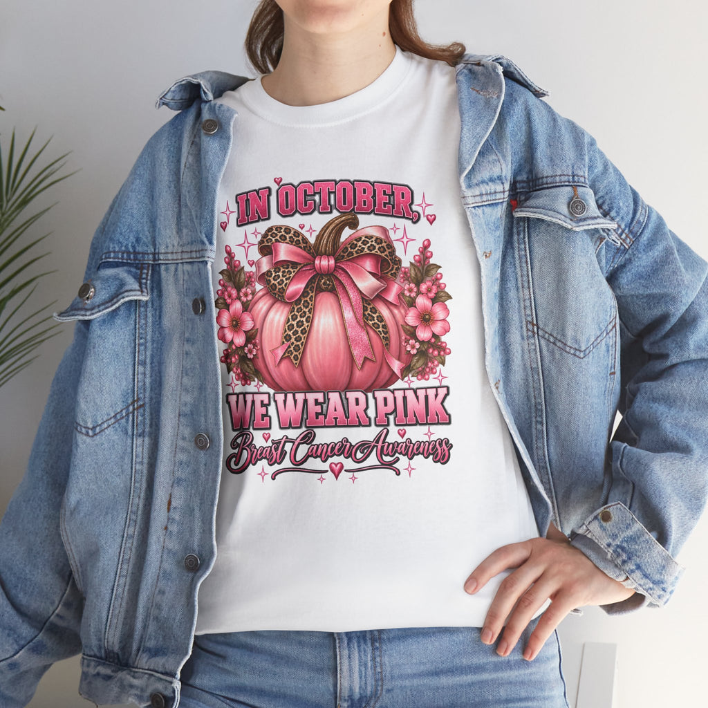 Breast Cancer Awareness T-Shirt — "In October We Wear Pink" Pumpkin Design