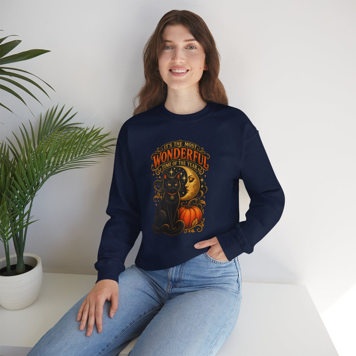 Vintage Halloween Sweatshirt - "It's the Most Wonderful Time of the Year" Black Cat & Moon Design