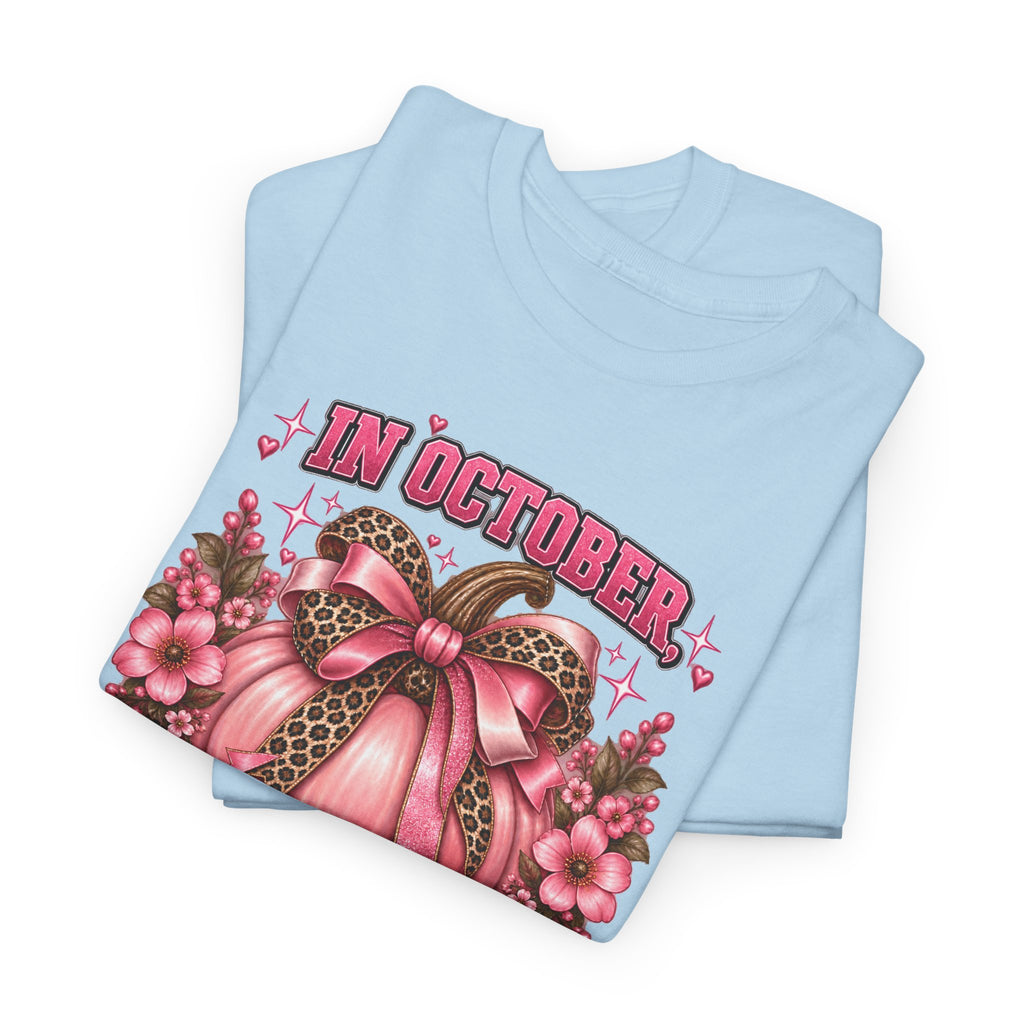 Breast Cancer Awareness T-Shirt — "In October We Wear Pink" Pumpkin Design