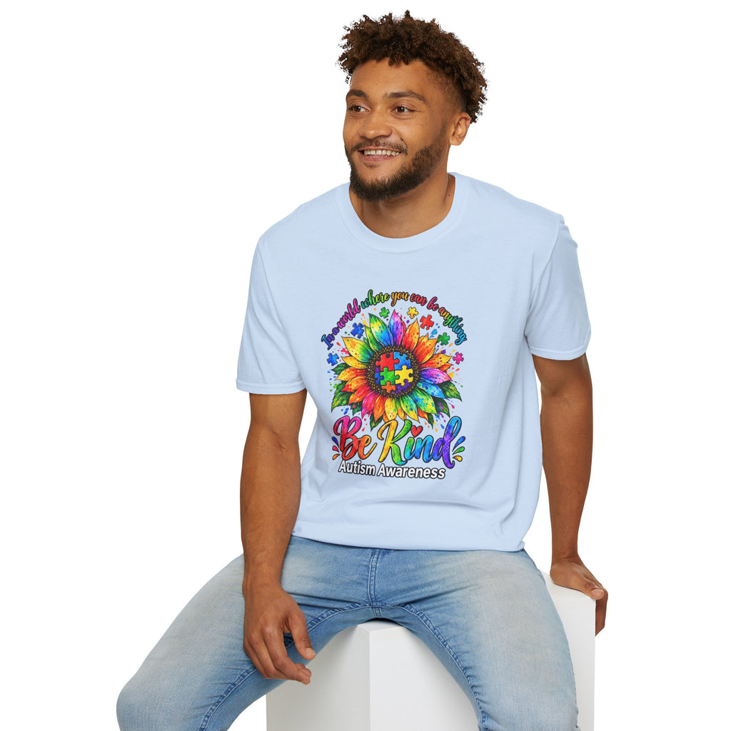 Autism Awareness Sunflower T-Shirt — 'Be Kind' Rainbow Puzzle Design