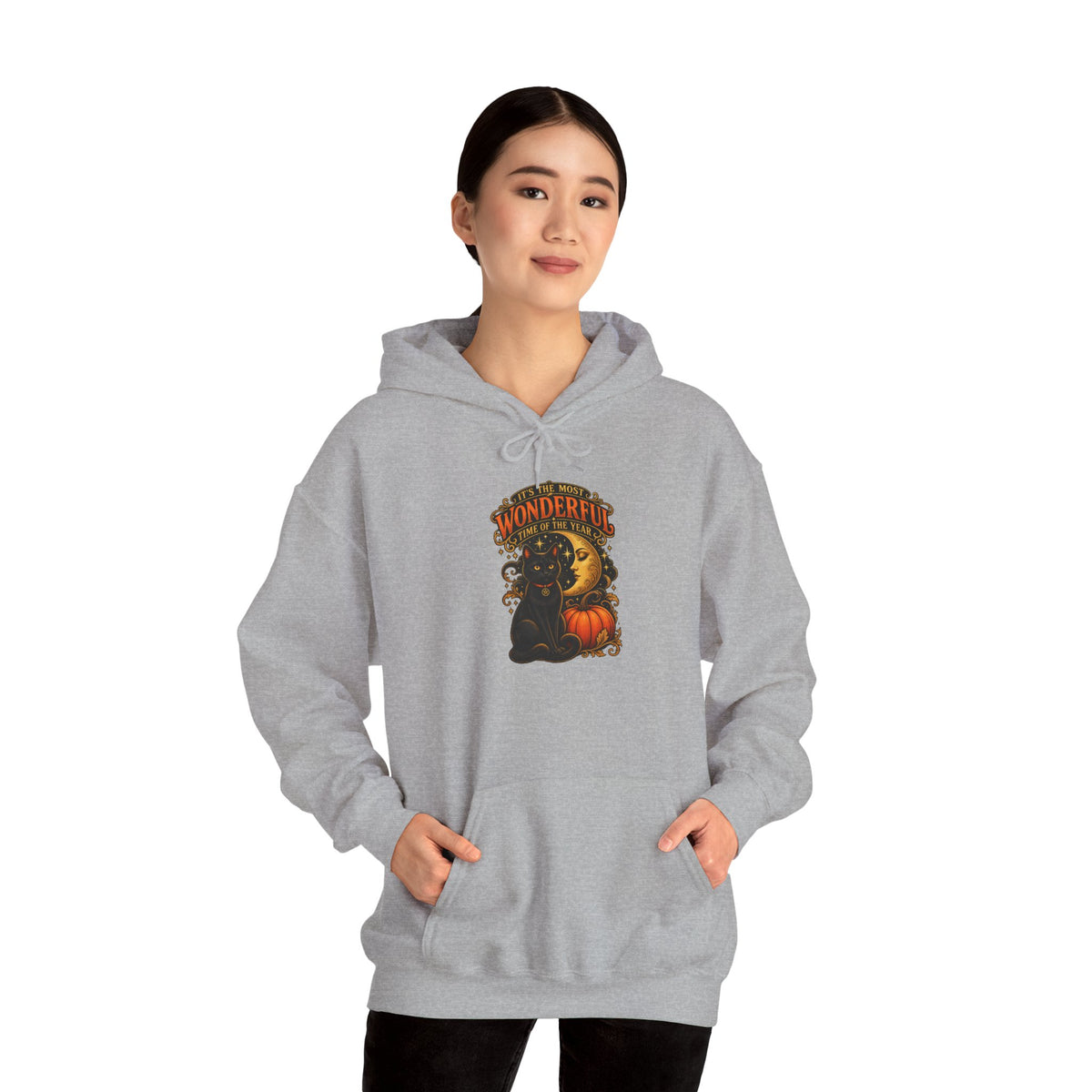 Halloween Black Cat Moon Hoodie – Vintage Pumpkin & Crescent Moon Fall Sweatshirt