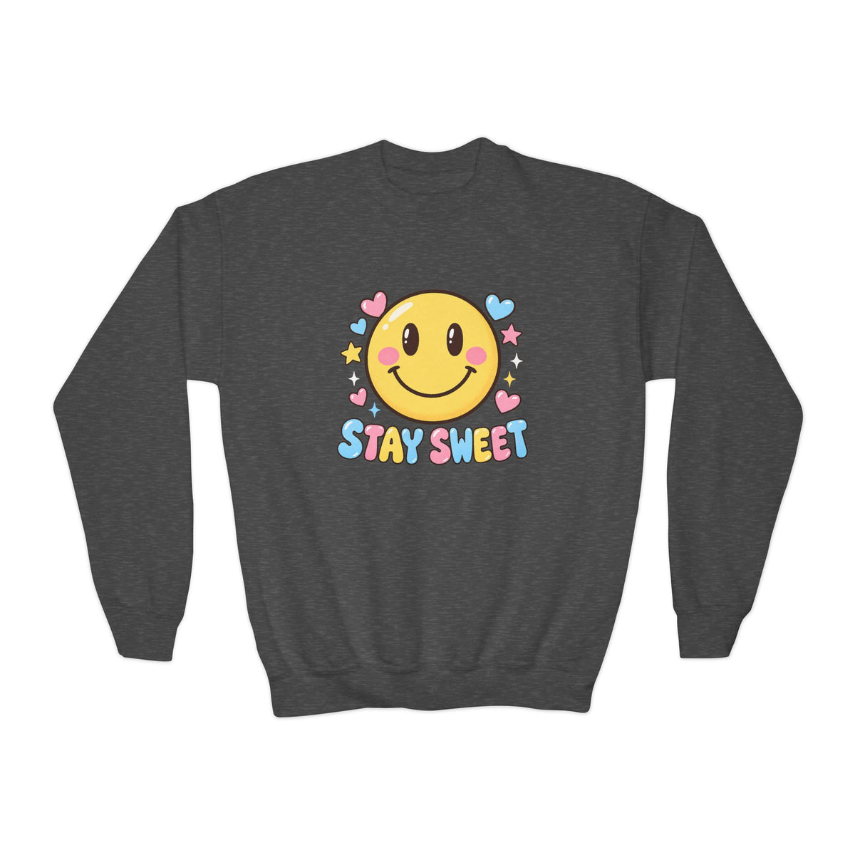 Youth Crewneck Sweatshirt — Cute Smiley "Stay Sweet" Graphic, Kids Cozy Pullover