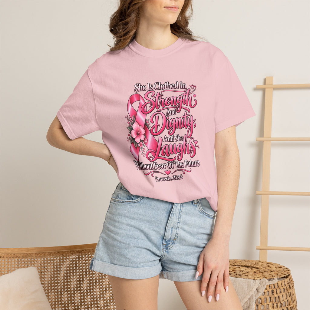 Breast Cancer Awareness T-Shirt — "She is Clothed in Strength" Pink Ribbon Tee
