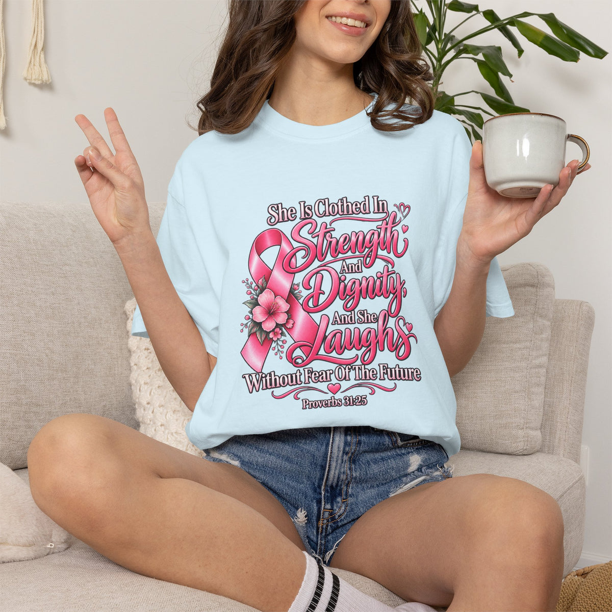 Breast Cancer Awareness T-Shirt — "She is Clothed in Strength" Pink Ribbon Tee