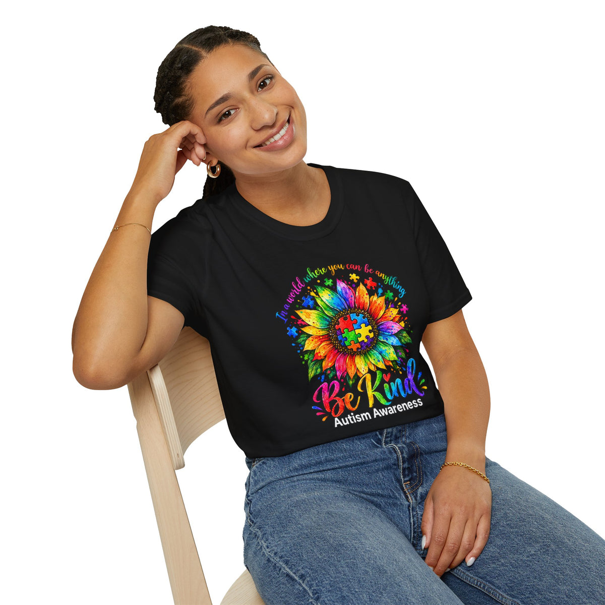 Autism Awareness Sunflower T-Shirt — 'Be Kind' Rainbow Puzzle Design