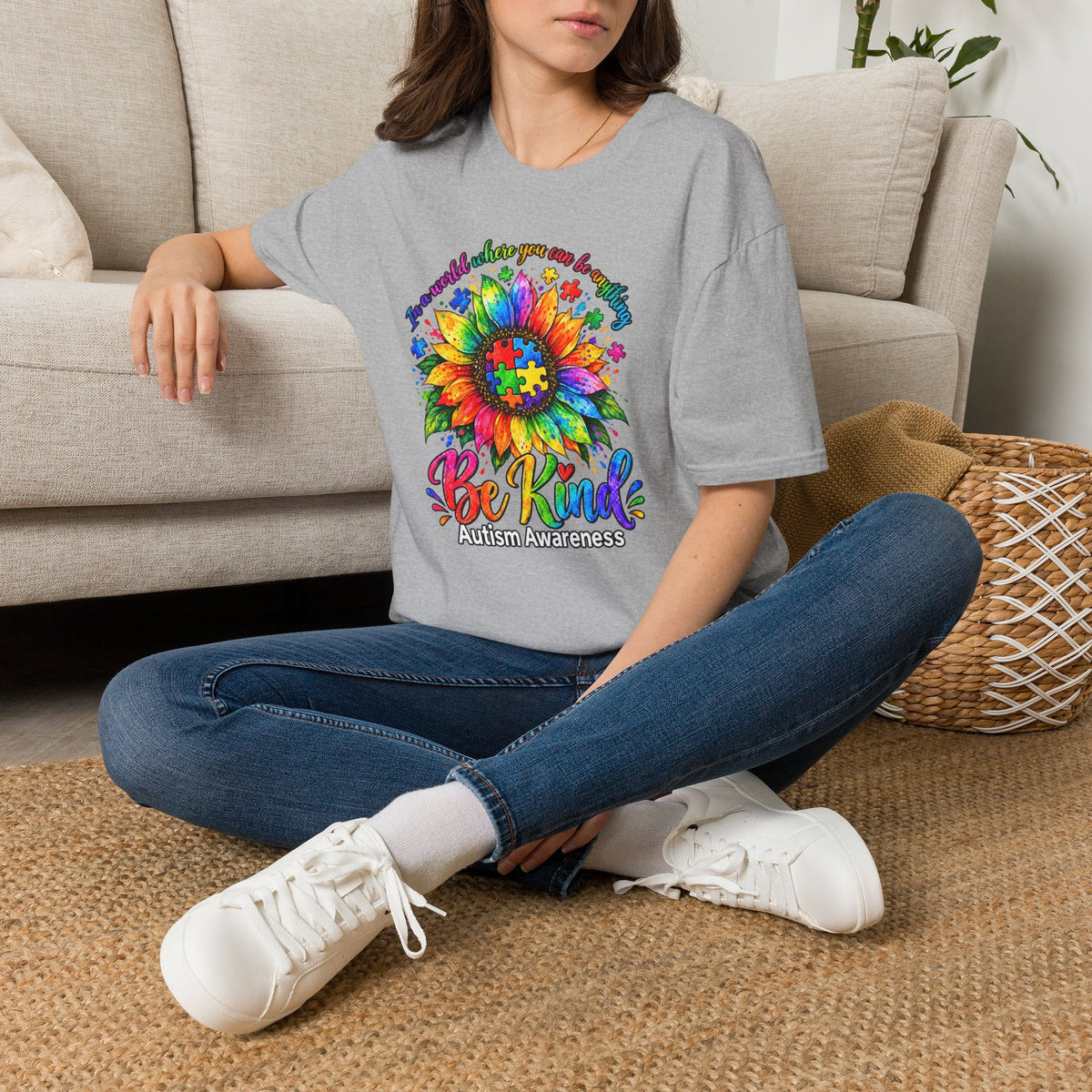 Autism Awareness Sunflower T-Shirt — 'Be Kind' Rainbow Puzzle Design