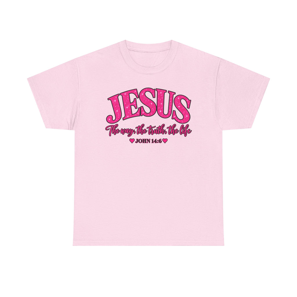 Christian T-Shirt — "JESUS The way, the truth, the life" (John 14:6) Pink Vintage Script