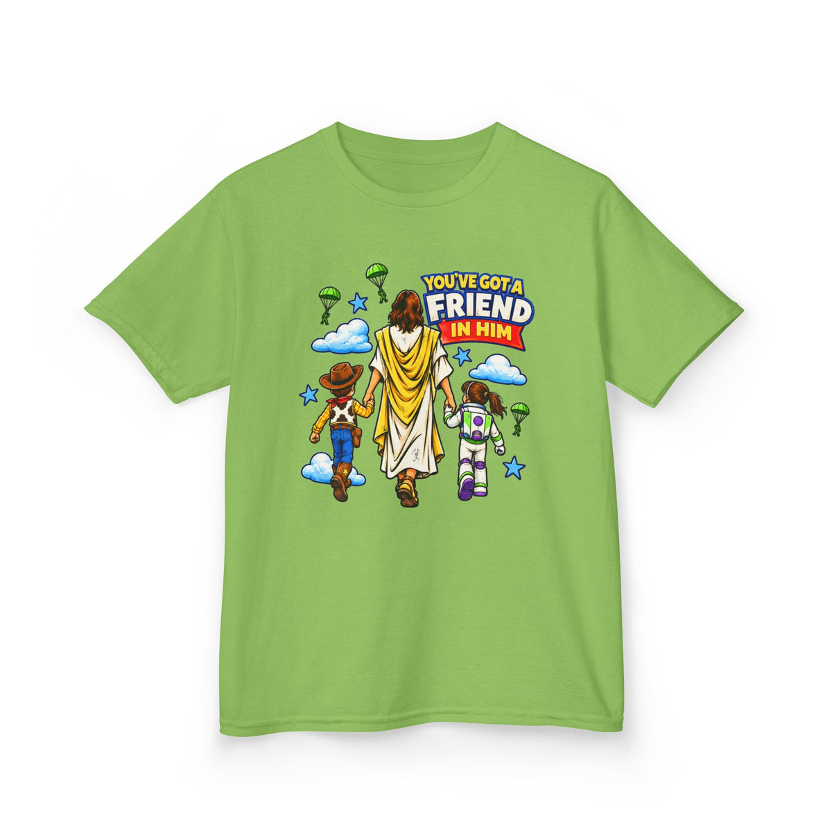 Kids Tee — "You've Gotta Friend in Him" Inspirational Jesus & Toy Friends Graphic