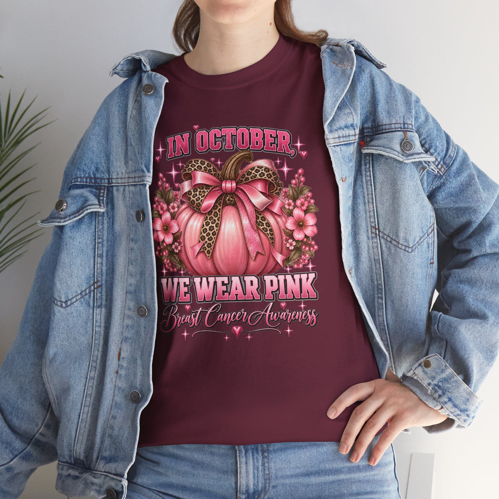 Breast Cancer Awareness T-Shirt — "In October We Wear Pink" Pumpkin Design