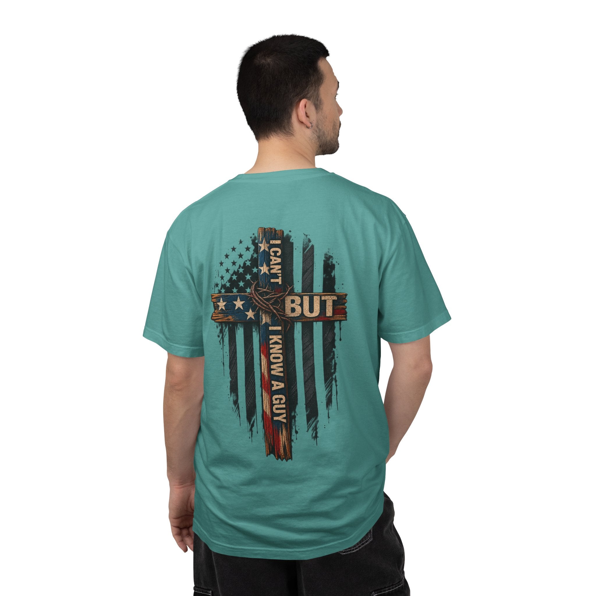 T-Shirt — 'I Can't But I Know A Guy' American Flag Cross Graphic