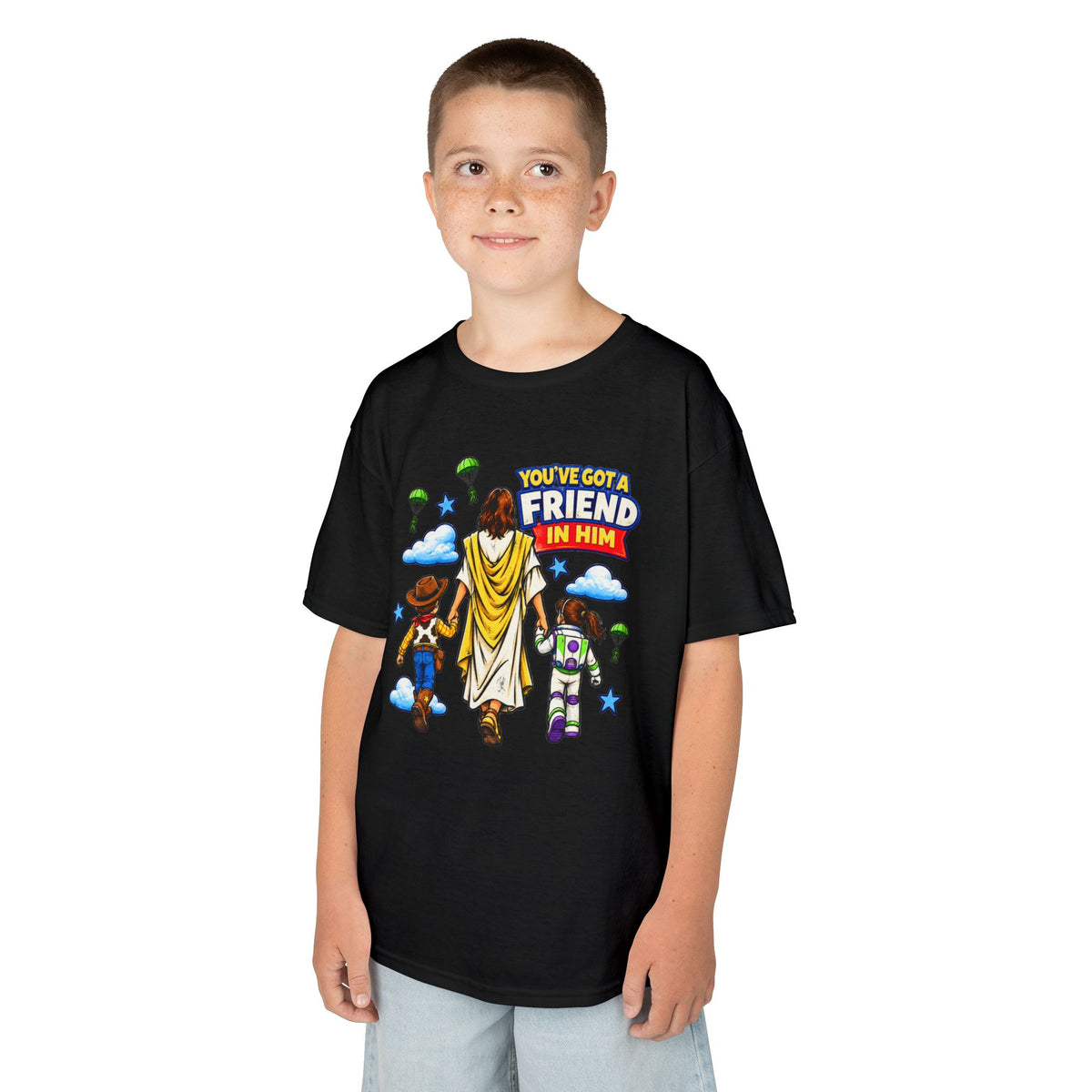 Kids Tee — "You've Gotta Friend in Him" Inspirational Jesus & Toy Friends Graphic