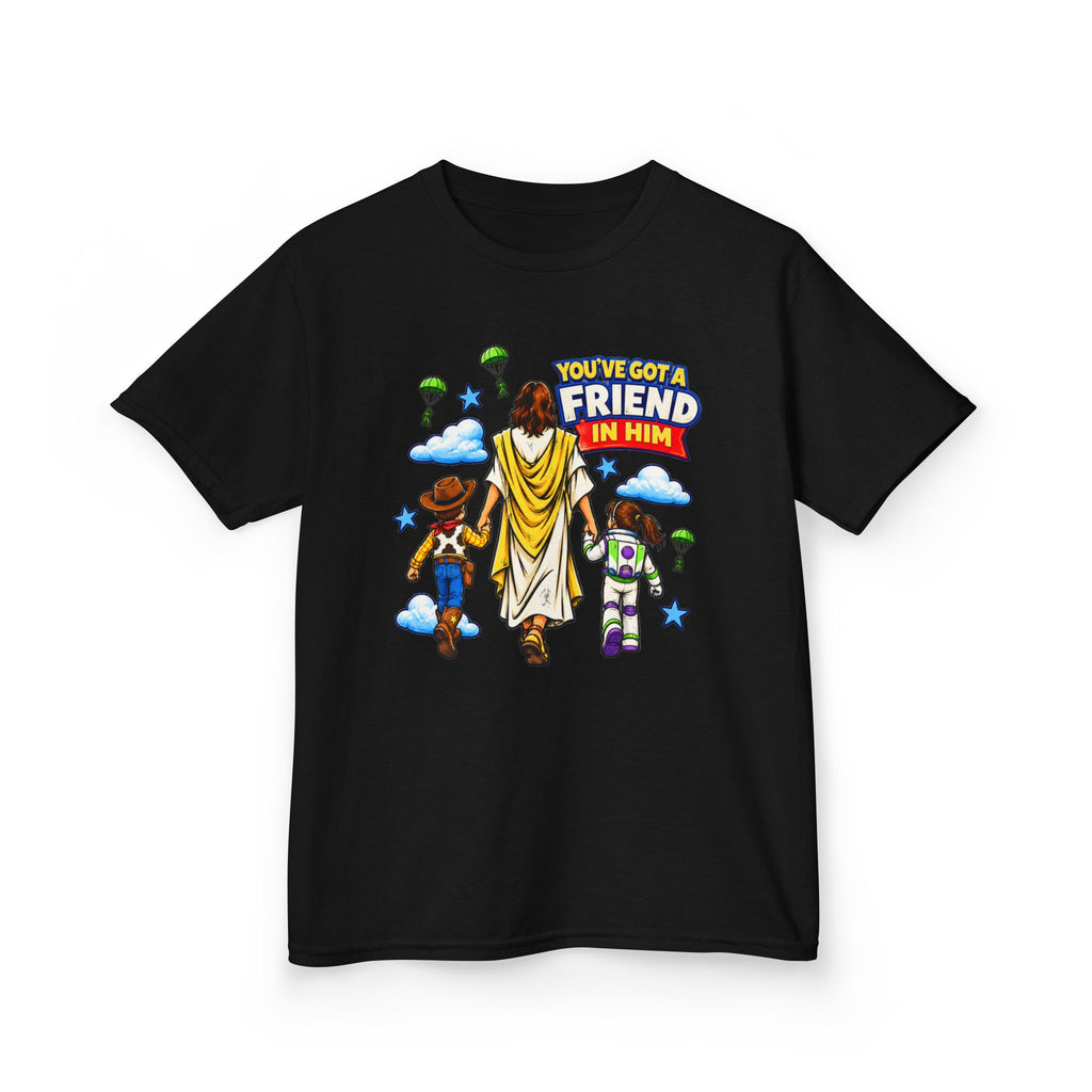 Kids Tee — "You've Gotta Friend in Him" Inspirational Jesus & Toy Friends Graphic