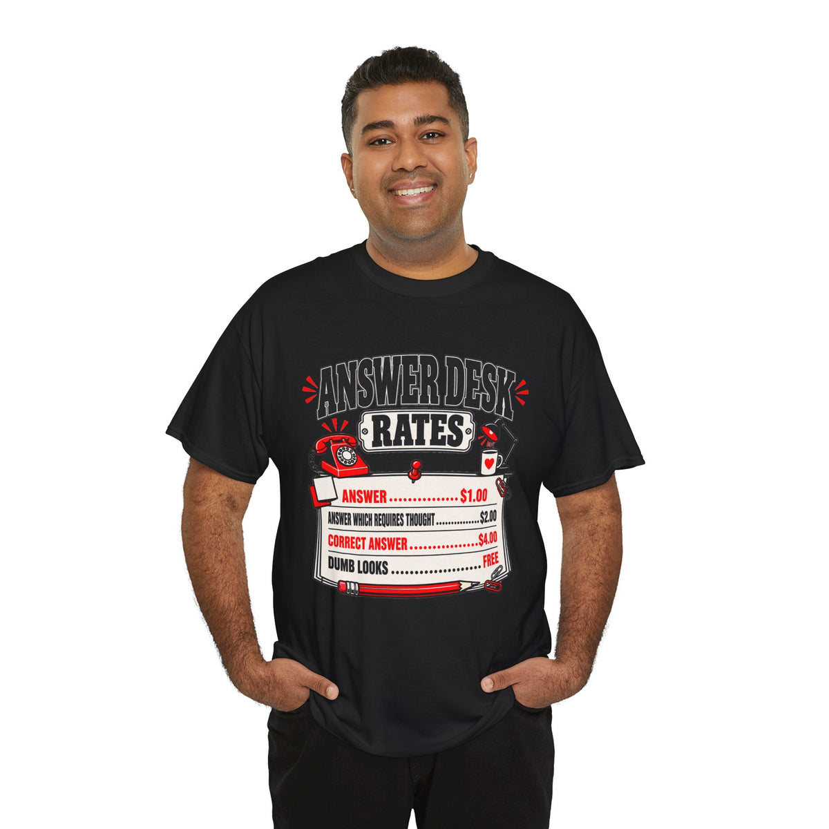 Answer Desk Rates T-Shirt — Funny Help Desk IT Support Tee ("Answer 1.00, Correct Answer 4.00")