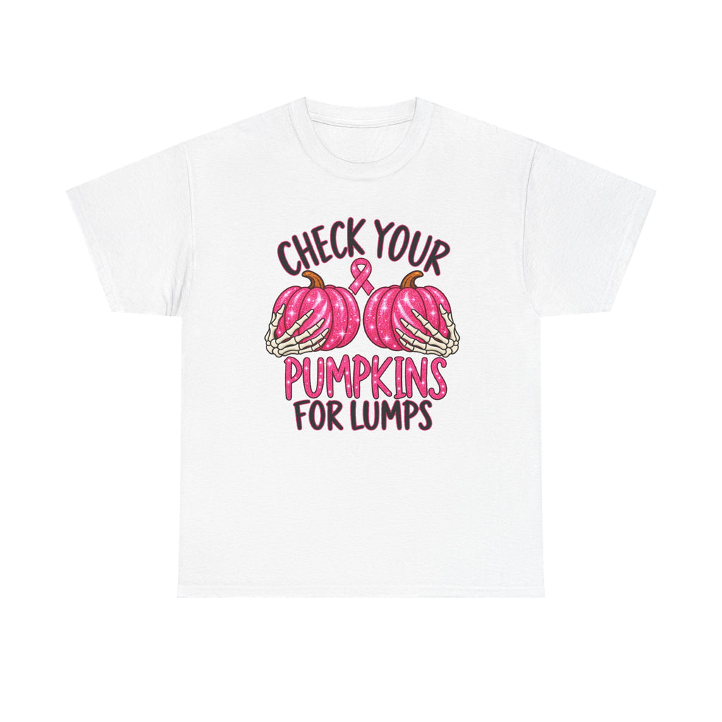 Breast Cancer Awareness T-Shirt — "Check Your Pumpkins for Lumps" Pink Ribbon Tee