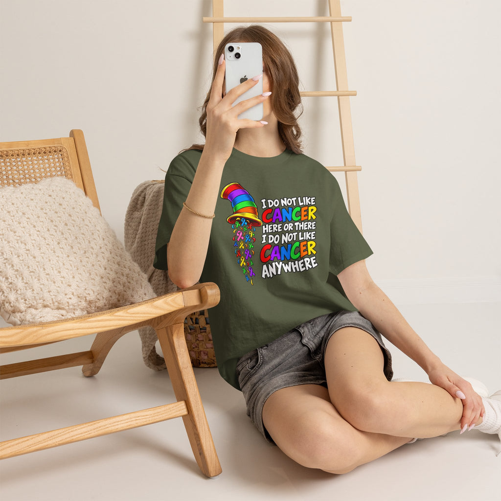 Cancer Awareness T-Shirt — “I Do Not Like Cancer Here or There” Rainbow Ribbon Tee