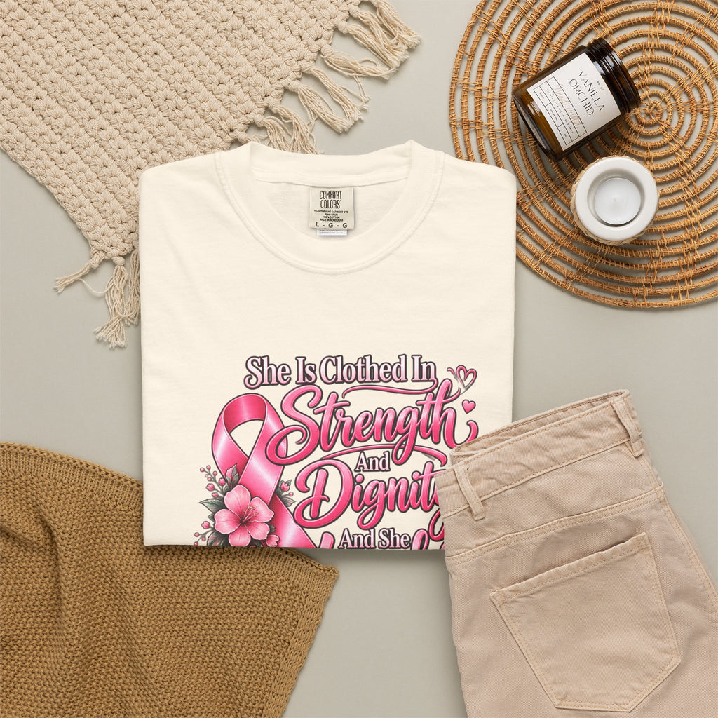 Breast Cancer Awareness T-Shirt — "She is Clothed in Strength" Pink Ribbon Tee
