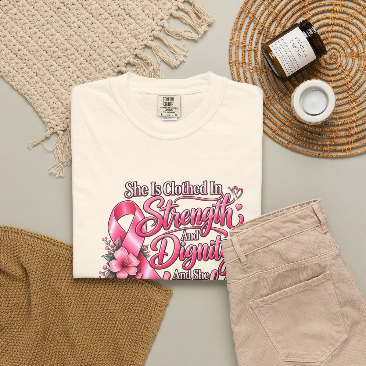 Breast Cancer Awareness T-Shirt — "She is Clothed in Strength" Pink Ribbon Tee