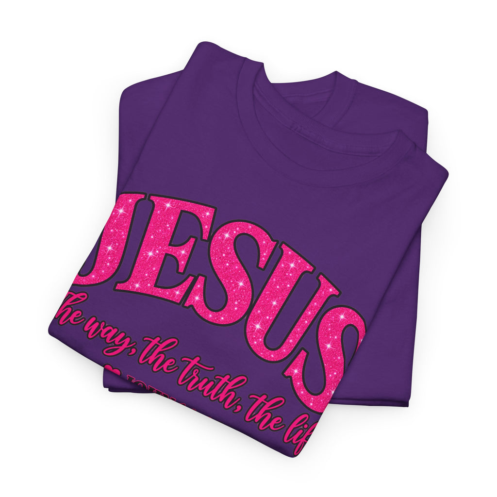Christian T-Shirt — "JESUS The way, the truth, the life" (John 14:6) Pink Vintage Script