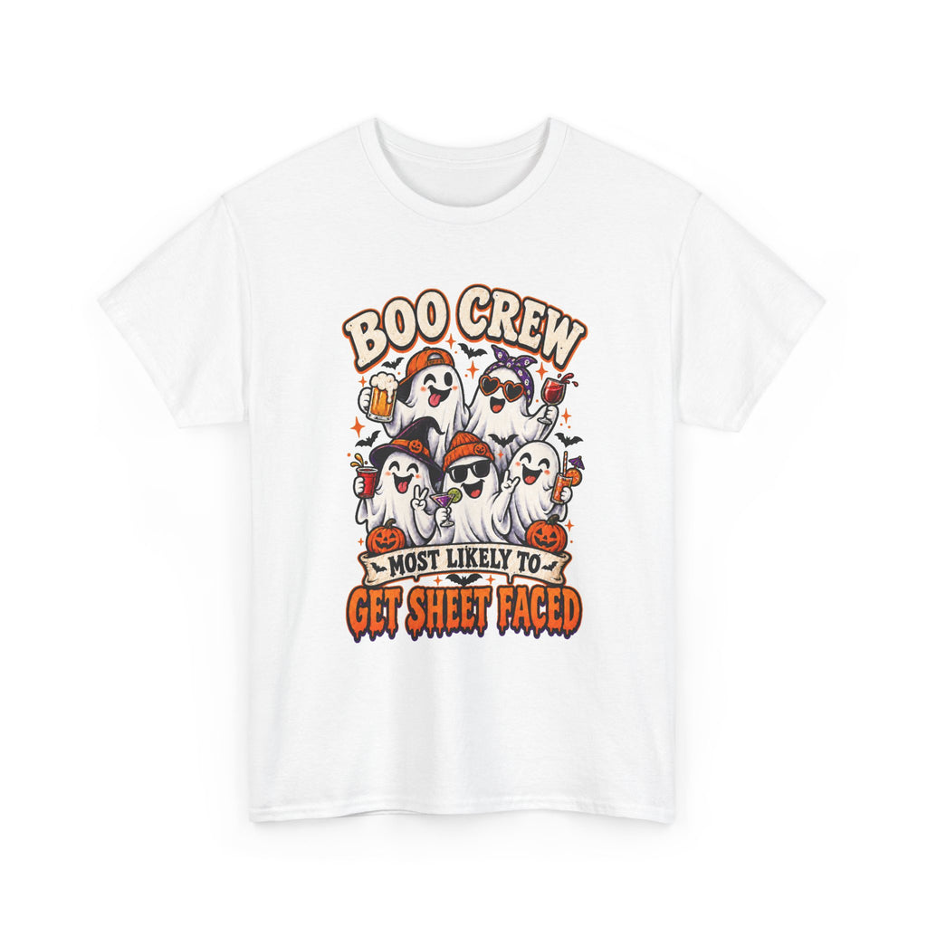 Boo Crew Halloween T-Shirt — “Most Likely to Get Sheet Faced” Funny Ghost Party Tee