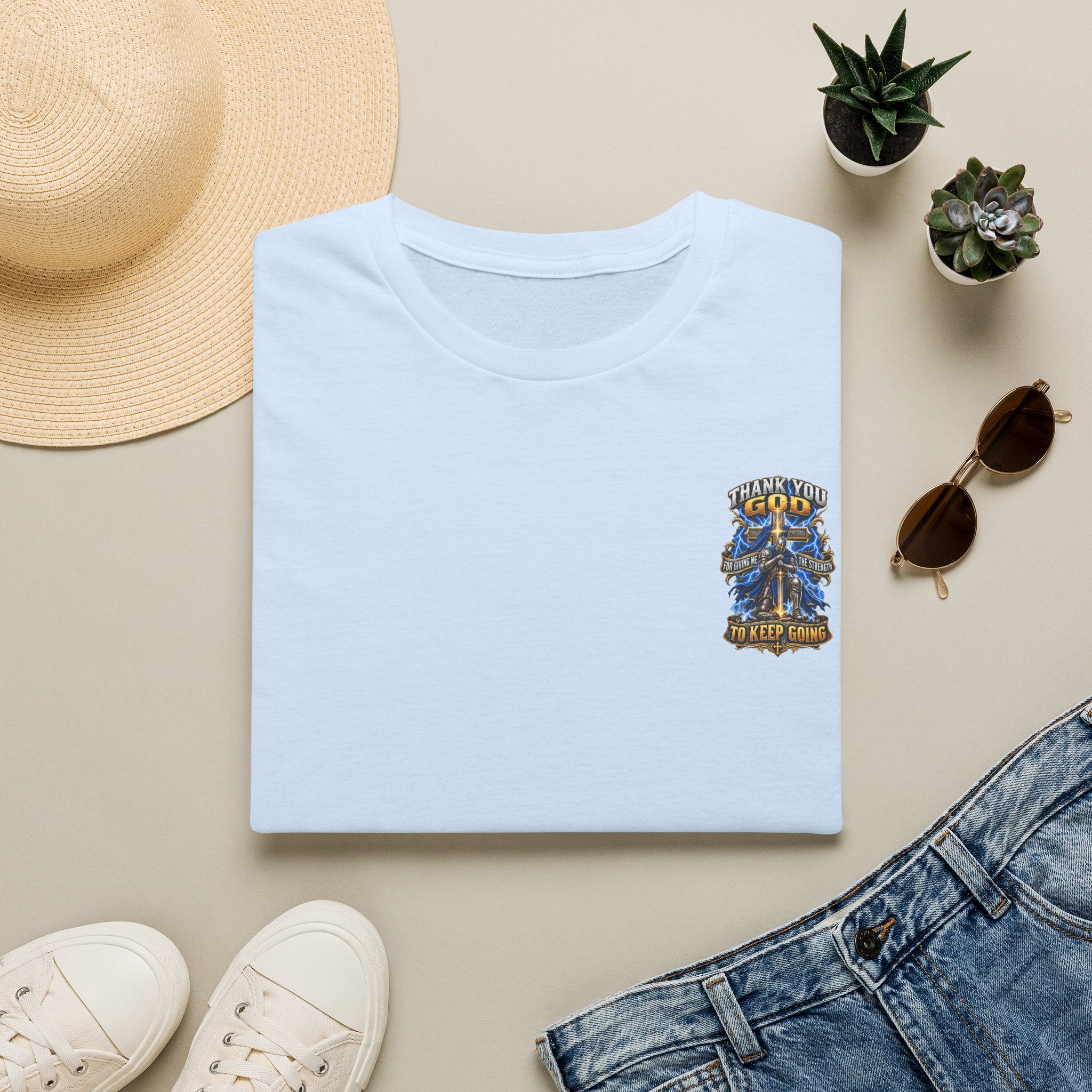 T-Shirt — "Thank You God I Keep Going" Faith Graphic Pocket Tee