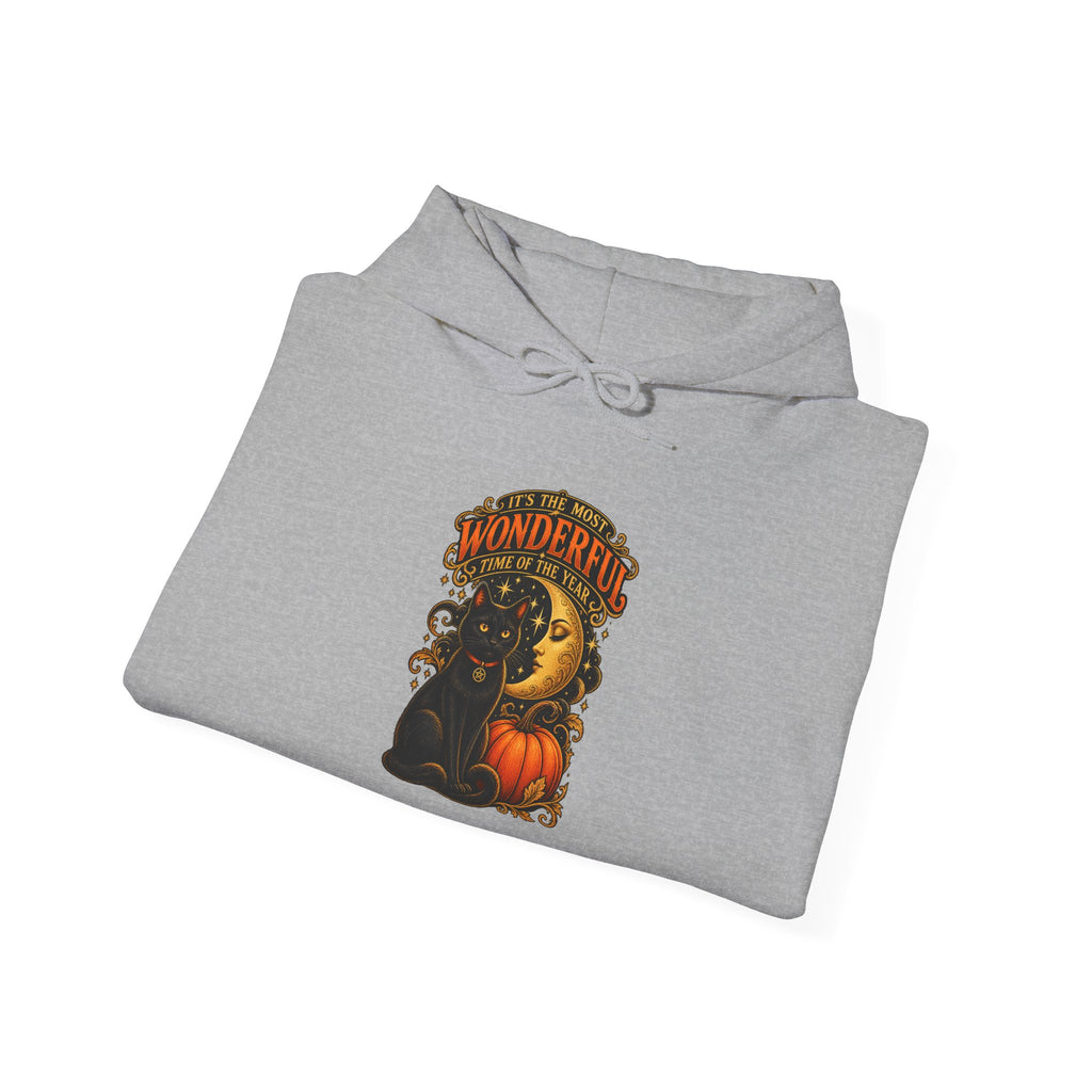 Halloween Black Cat Moon Hoodie – Vintage Pumpkin & Crescent Moon Fall Sweatshirt