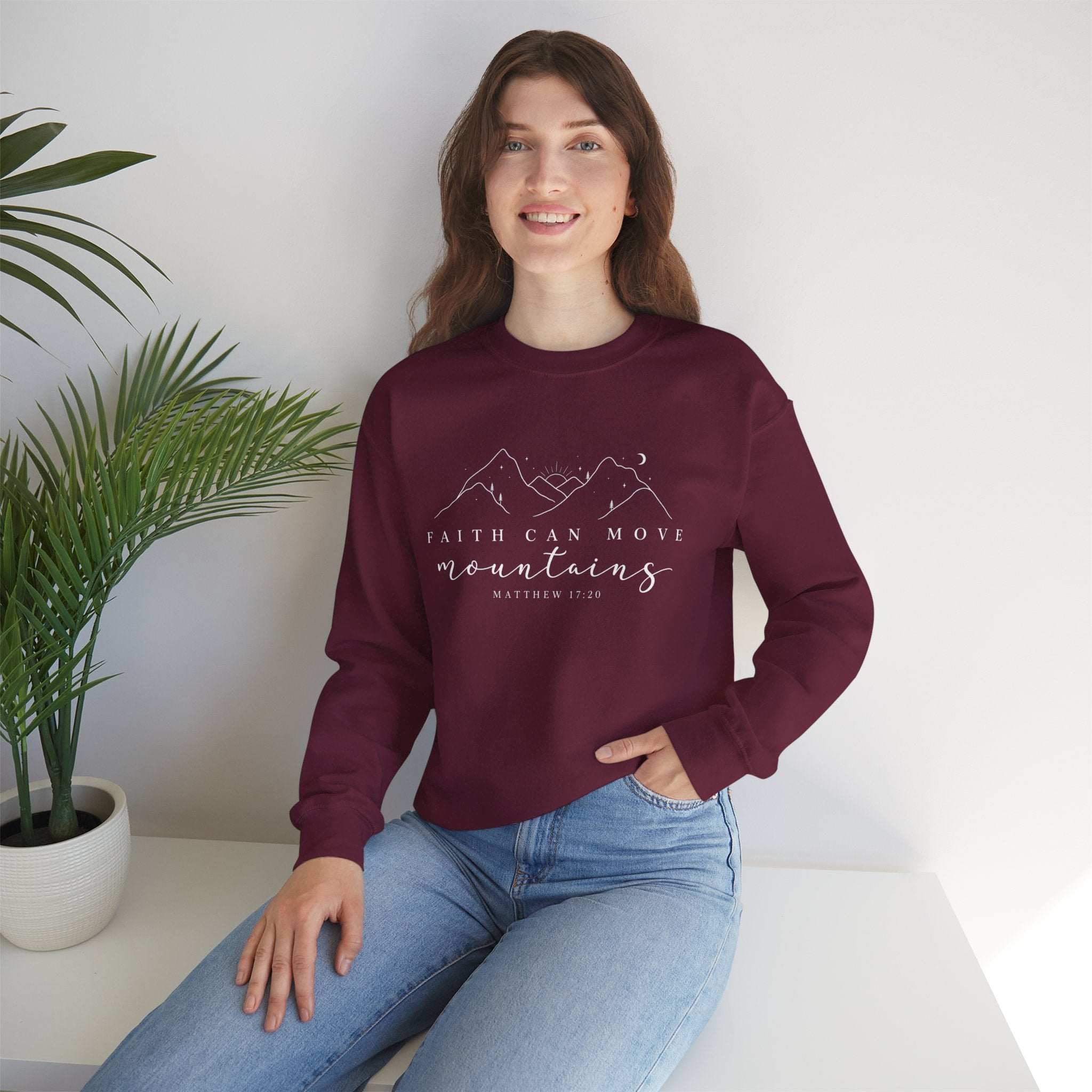Faith Can Move Mountains Crewneck Sweatshirt — Matthew 17:20 Christian Mountain Design