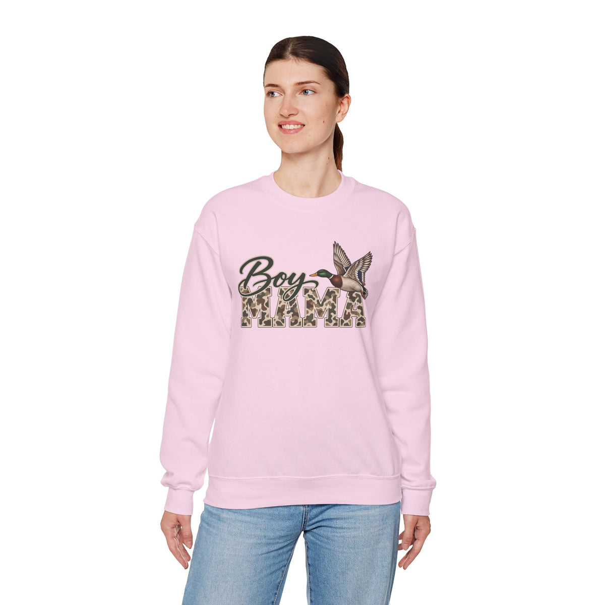 Boy Mama Crewneck Sweatshirt — Camo Lettering with Flying Duck