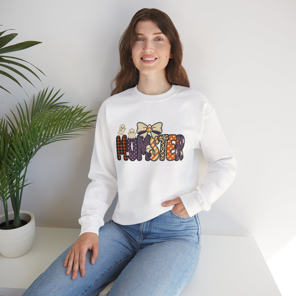Momster Halloween Sweater | Momster Crewneck Sweatshirt, Halloween mom, purple orange spooky lettering