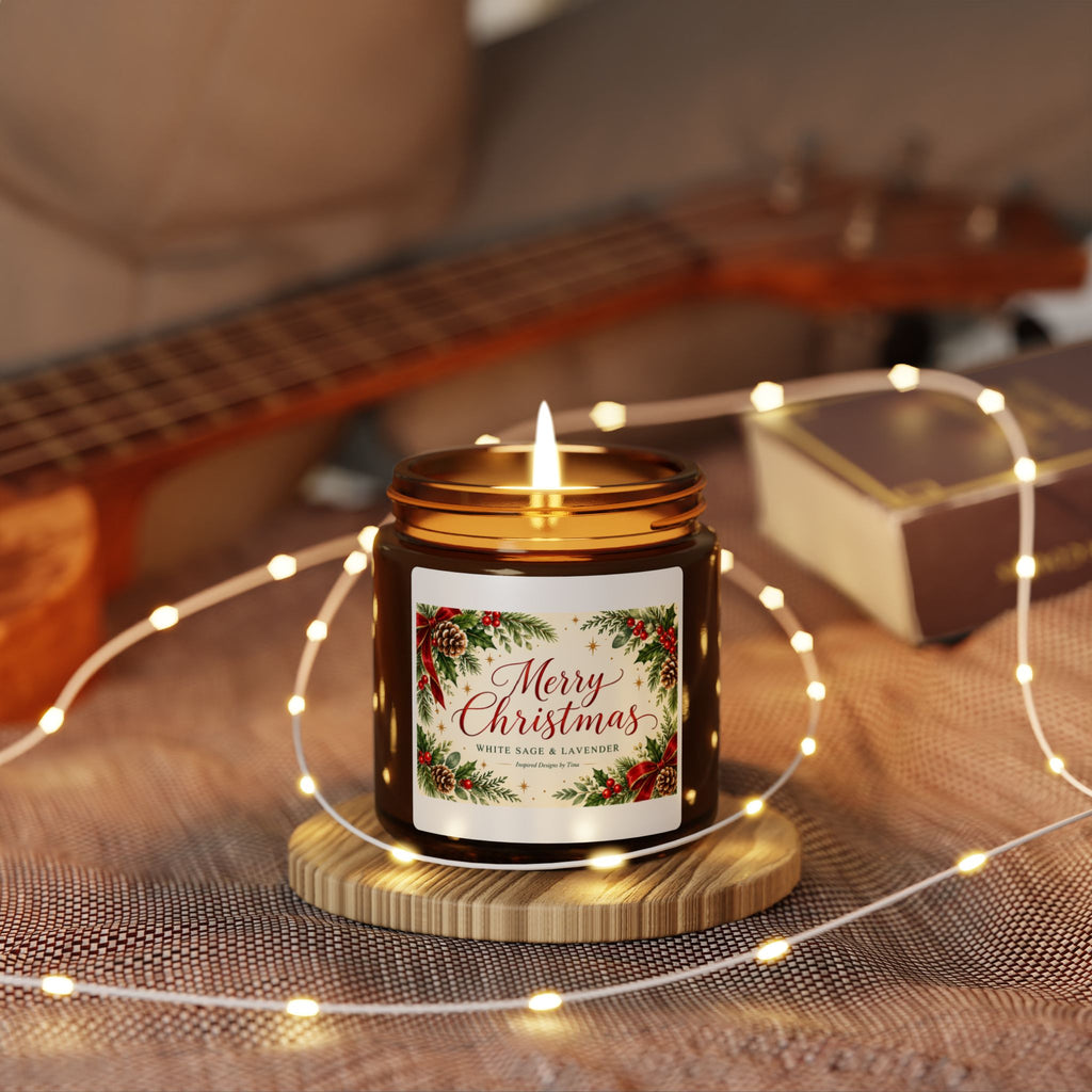 Merry Christmas White Sage and Lavender Scented Soy Candle – Festive Holiday Gift