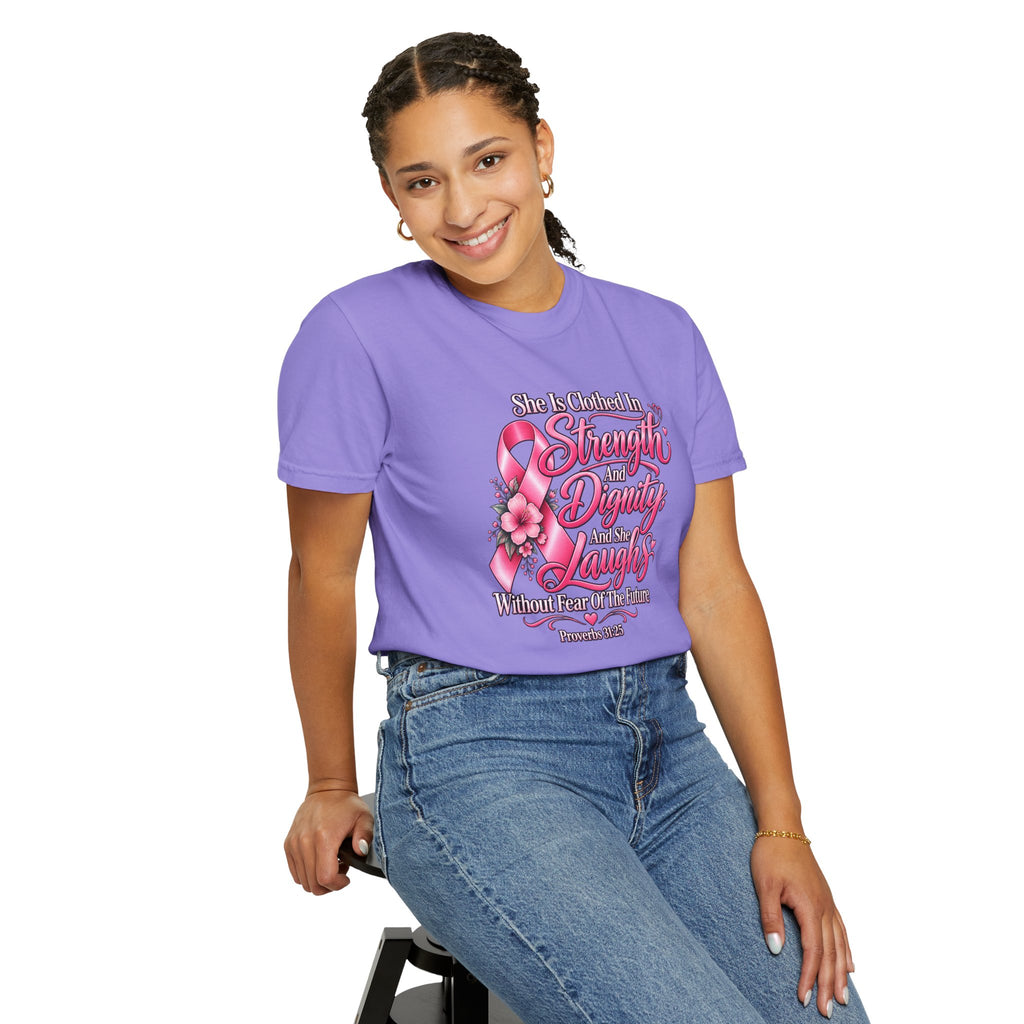 Breast Cancer Awareness T-Shirt — "She is Clothed in Strength" Pink Ribbon Tee