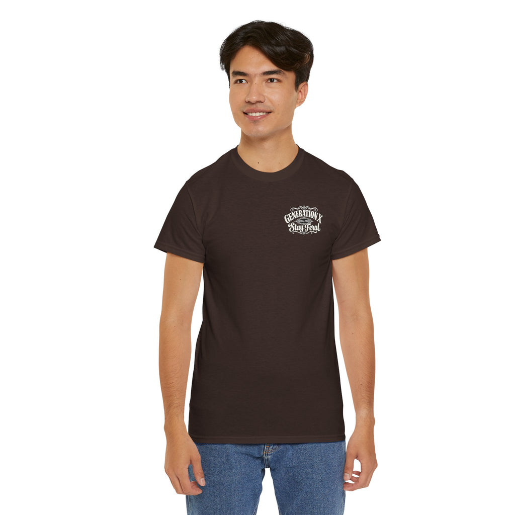 Generation X T‑Shirt — 'Stay Feral' Vintage Whiskey Label Tee (Born 1965–1980)