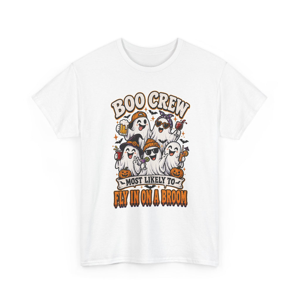 Boo Crew T-Shirt — “Most Likely to Fly on a Broom” Halloween Ghost Tee