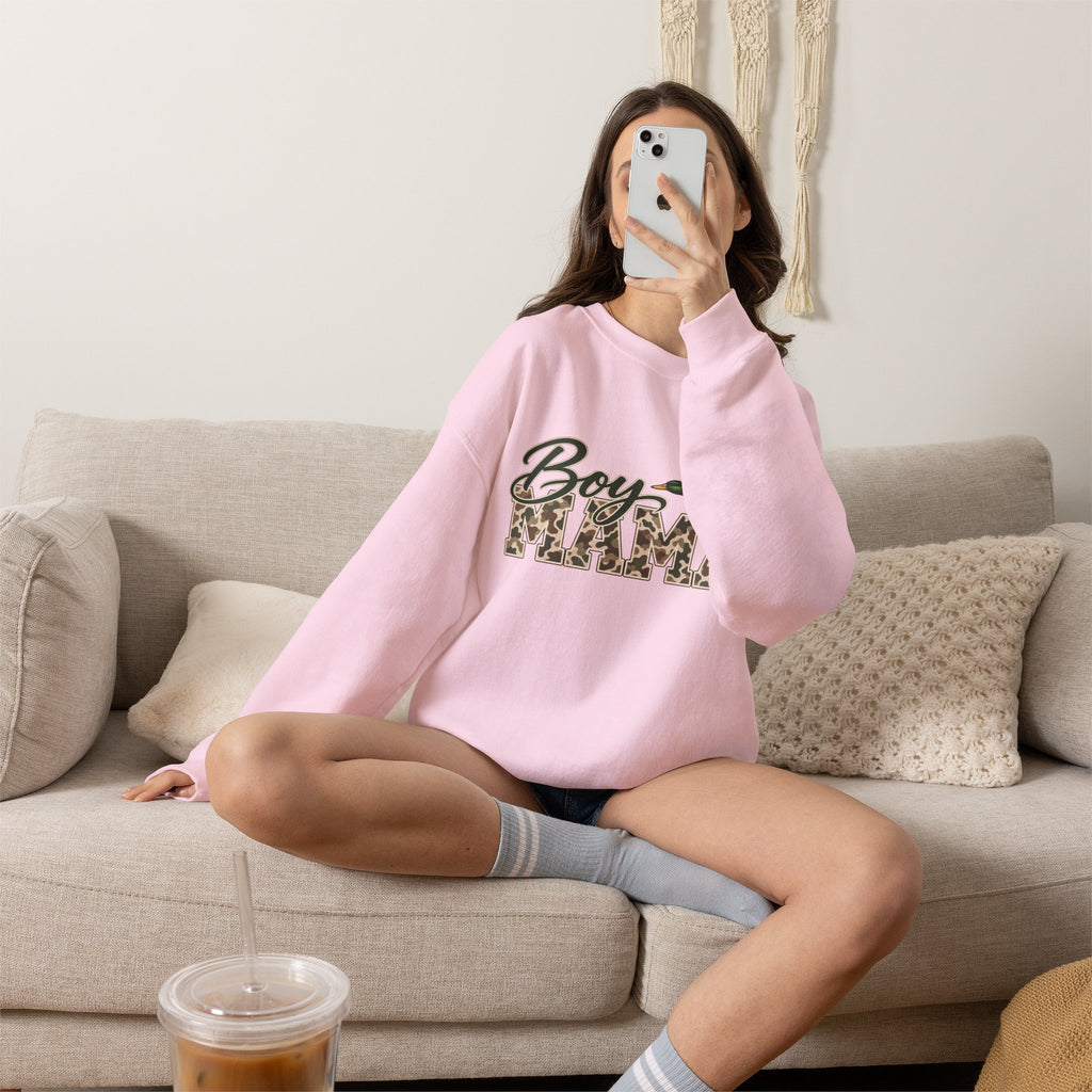 Boy Mama Crewneck Sweatshirt — Camo Lettering with Flying Duck