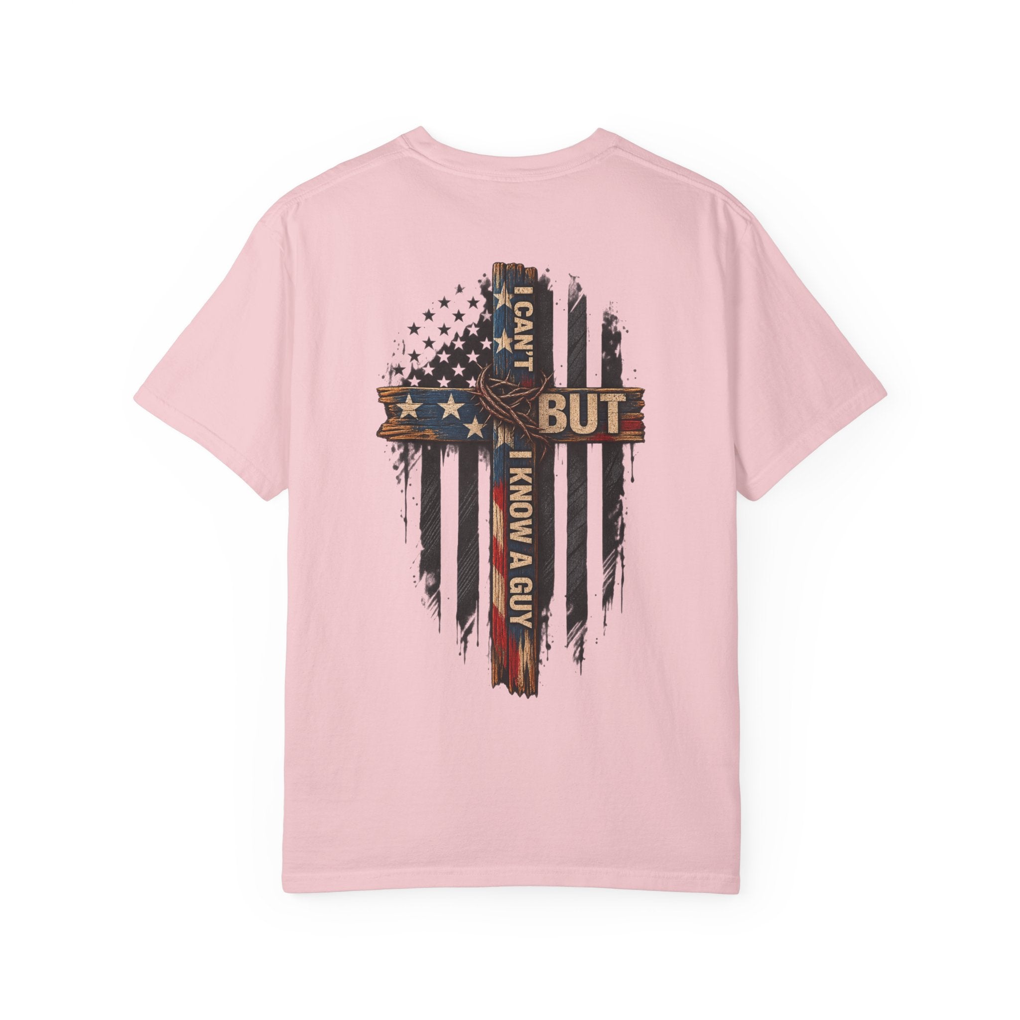 T-Shirt — 'I Can't But I Know A Guy' American Flag Cross Graphic