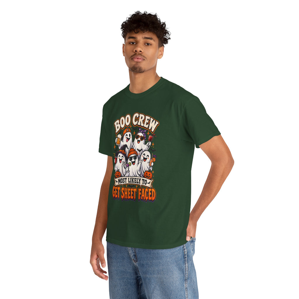 Boo Crew Halloween T-Shirt — “Most Likely to Get Sheet Faced” Funny Ghost Party Tee