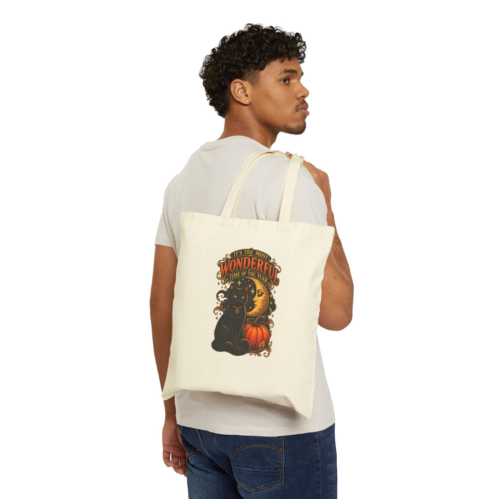 Tote Bag — Vintage Halloween Black Cat & Moon Pumpkin “Most Wonderful Time” Canvas Tote