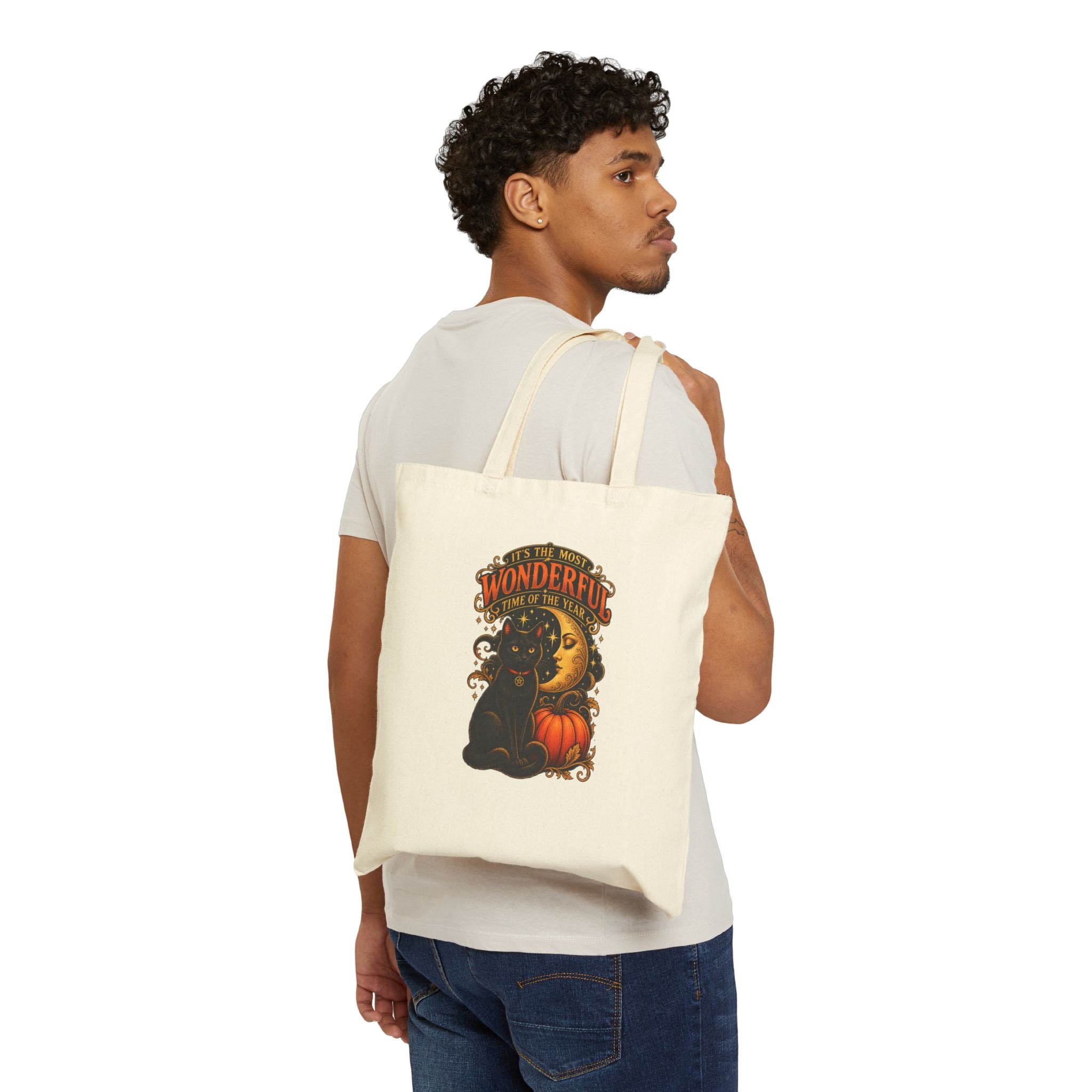 Tote Bag — Vintage Halloween Black Cat & Moon Pumpkin “Most Wonderful Time” Canvas Tote