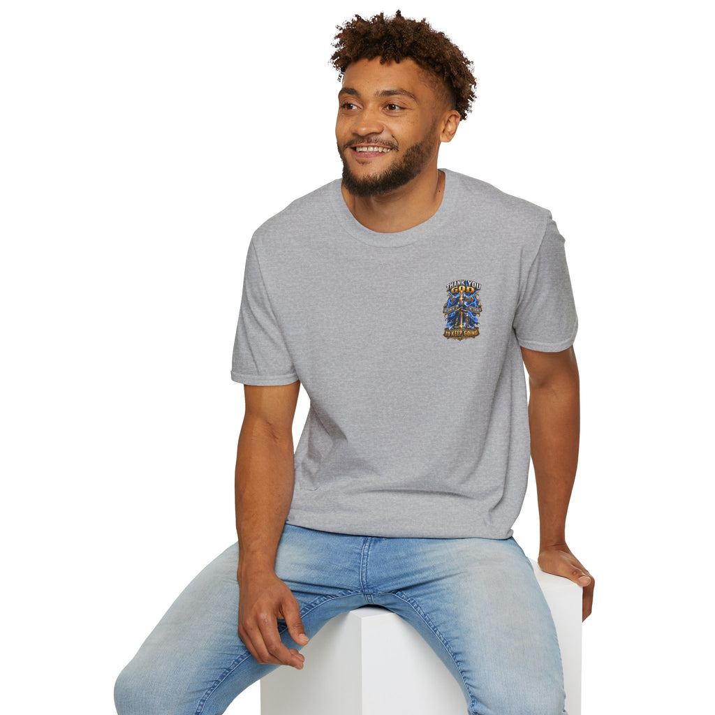T-Shirt — "Thank You God I Keep Going" Faith Graphic Pocket Tee