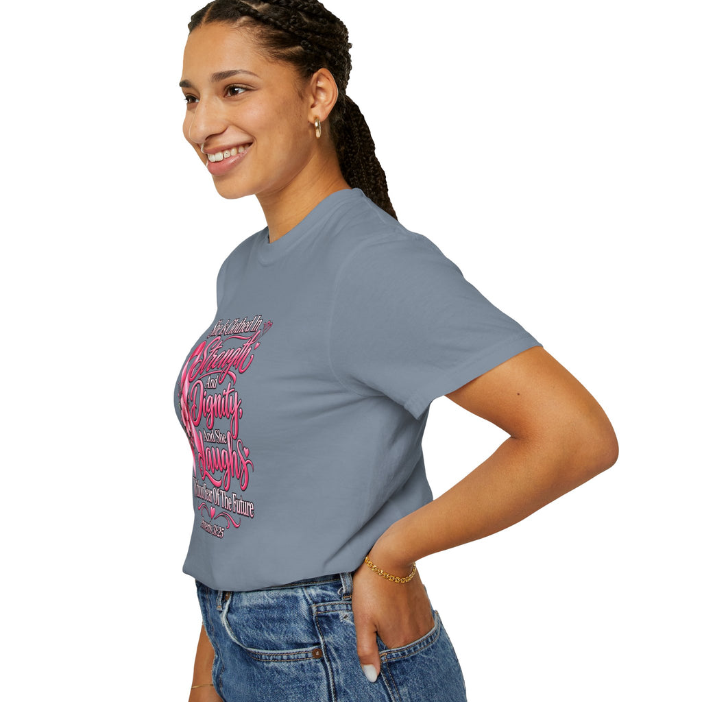 Breast Cancer Awareness T-Shirt — "She is Clothed in Strength" Pink Ribbon Tee