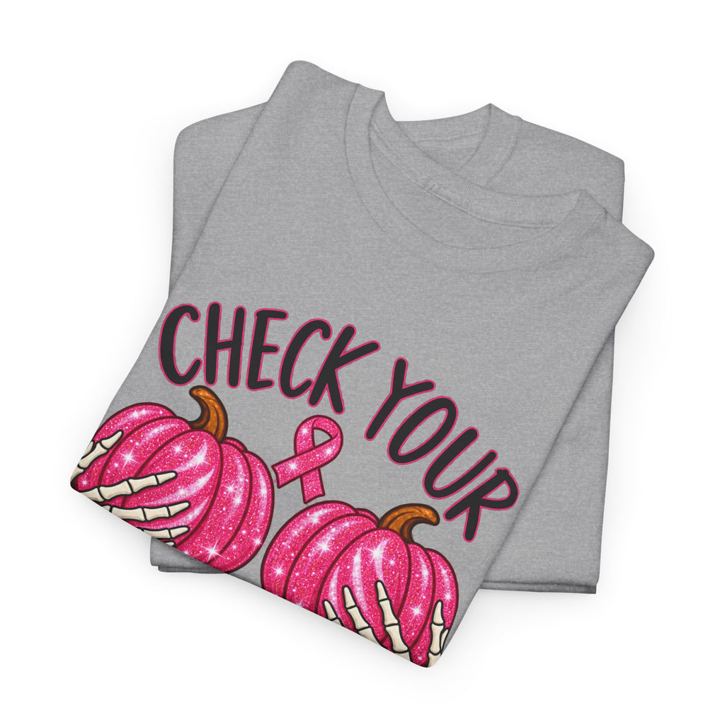 Breast Cancer Awareness T-Shirt — "Check Your Pumpkins for Lumps" Pink Ribbon Tee