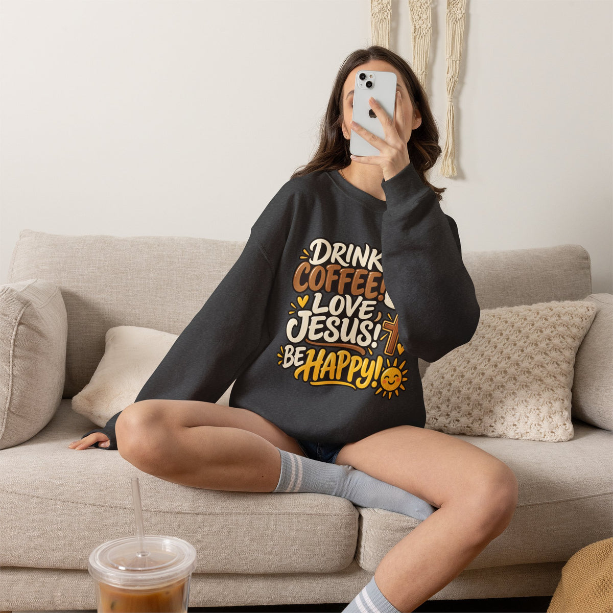 Coffee, Jesus & Be Happy Crewneck Sweatshirt
