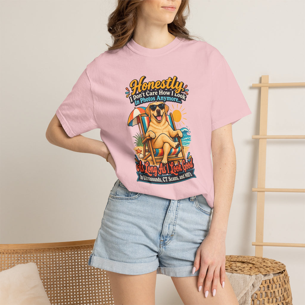 Honestly I Don’t Care How I Look In Photos Anymore T-Shirt — Funny Beach Dog Graphic Tee