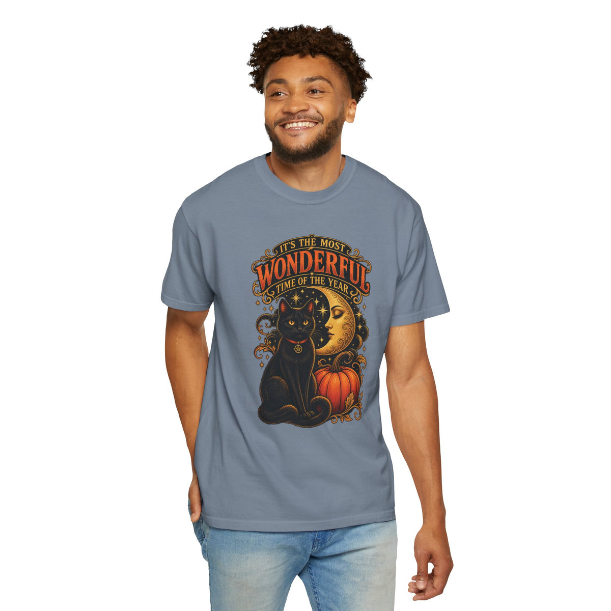 T-Shirt — "It's the Most Wonderful Time of the Year" Halloween Black Cat & Pumpkin