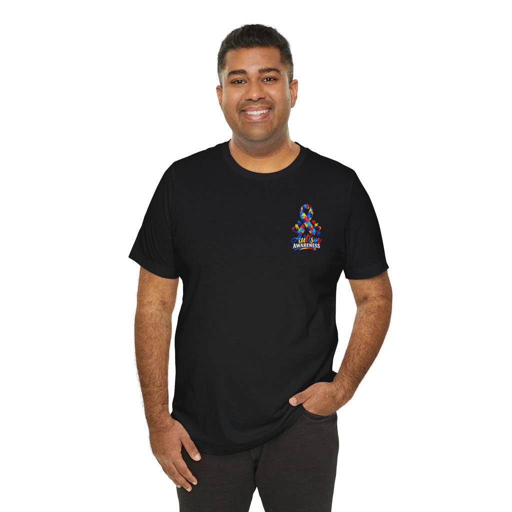 Autism Awareness Ribbon Chest Tee — 'Different, Not Less' Short Sleeve T-Shirt