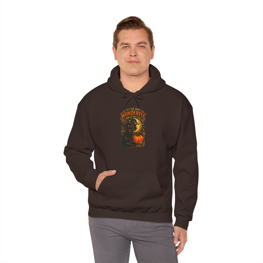 Halloween Black Cat Moon Hoodie – Vintage Pumpkin & Crescent Moon Fall Sweatshirt