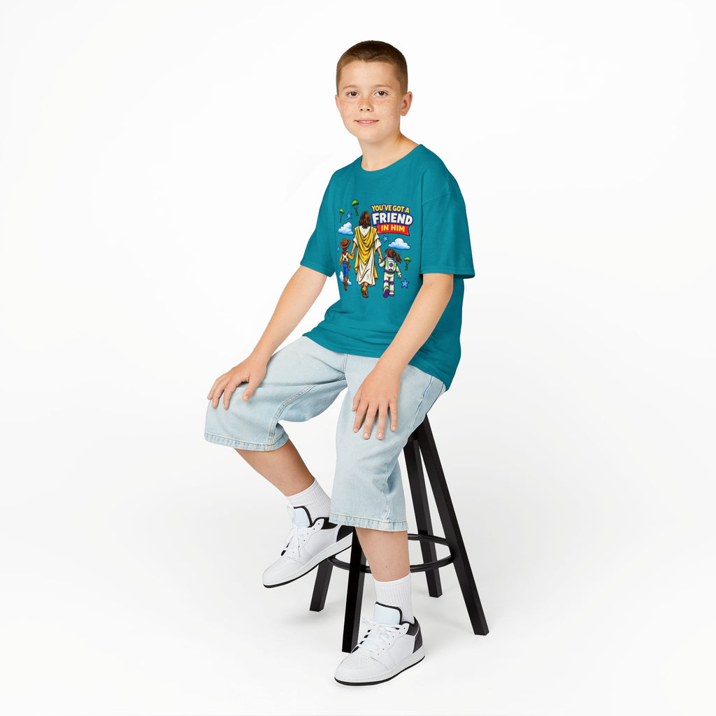 Kids Tee — "You've Gotta Friend in Him" Inspirational Jesus & Toy Friends Graphic