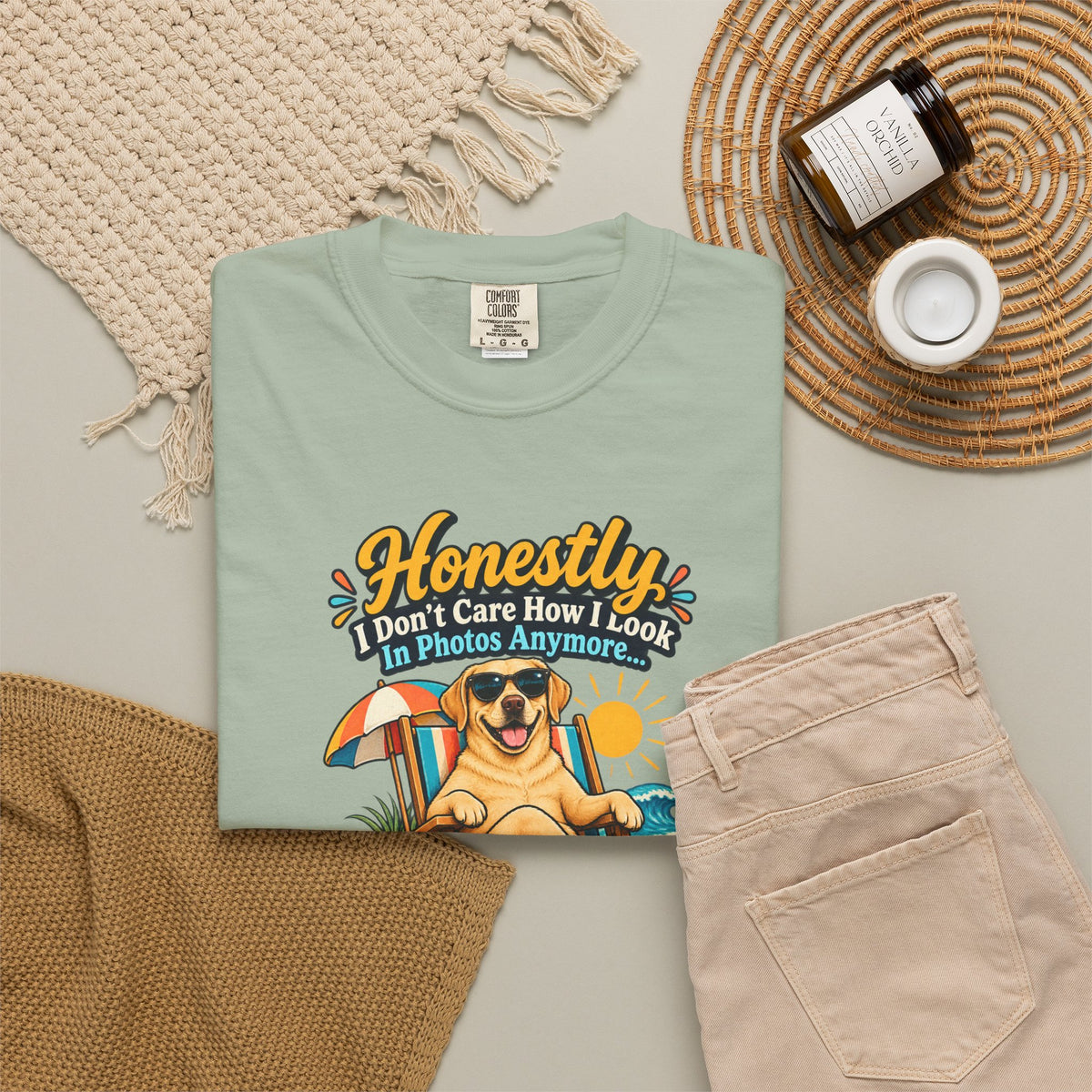 Honestly I Don’t Care How I Look In Photos Anymore T-Shirt — Funny Beach Dog Graphic Tee